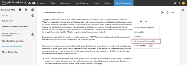 The user interface displaying the Rever to default template option after clicking the More actions within a line of text in the financial statement.